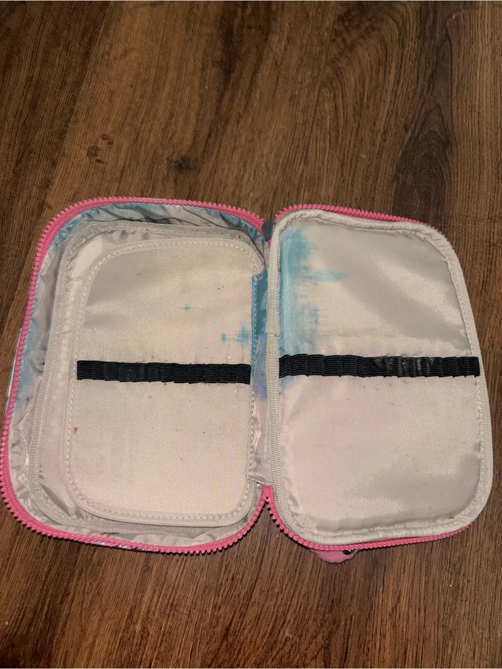 Kipling Pink & Aqua Patterned Makeup Bag or Pencil Case with Charm Keychain